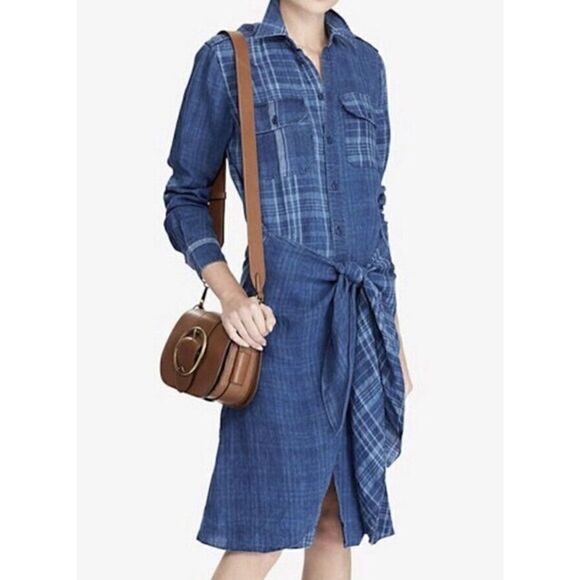 Polo Ralph Lauren Indigo Dyed Blue Plaid Linen Tie Front Sarong Shirt Dress - Picture 12 of 16